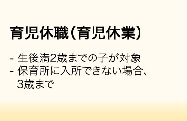 育児休職（育児休業）／・生後満2歳までの子が対象　・保育所に入所できない場合、　3歳まで