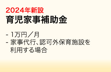 2024年新設：育児家事補助金／・1万円／月　・家事代行、認可外保育施設を利用する場合
